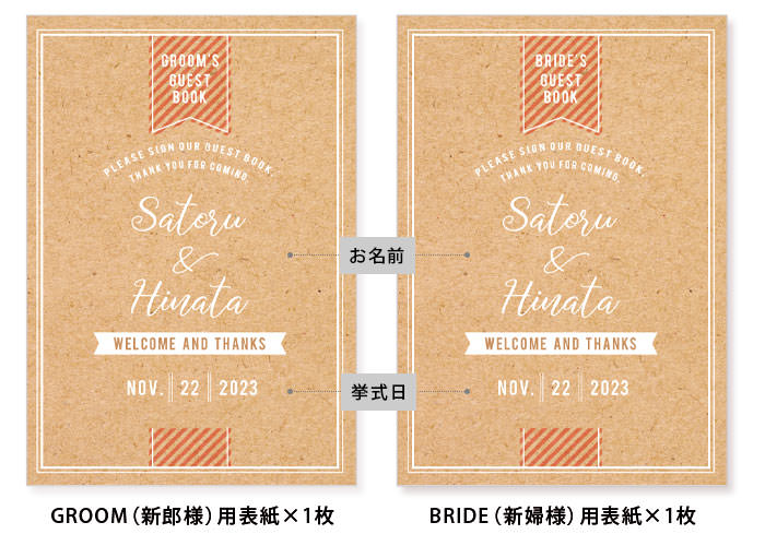 お届けの内容：表紙シートお名前挙式日入（GROOM用×1枚、BRIDE用×1枚）