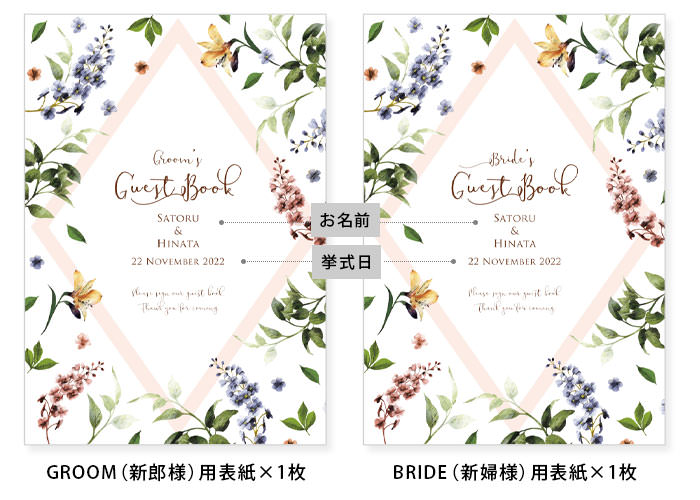 お届けの内容：表紙シートお名前挙式日入（GROOM用×1枚、BRIDE用×1枚）