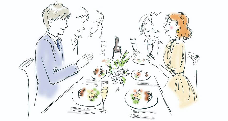 両家顔合わせ食事会でワンピースを着た女性とスーツを着た男性