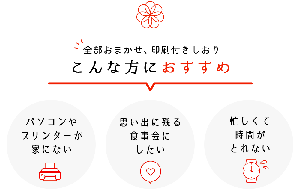 全部おまかせ印刷つき顔合わせしおりはプリンターがない方、思い出に残る食事会にしたい方、忙しい方におすすめ