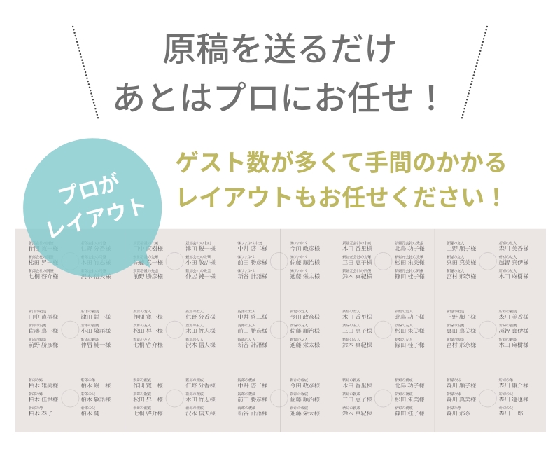 原稿を送るだけあとはプロにお任せ！ゲスト数が多くて手間のかかるレイアウトもお任せください！