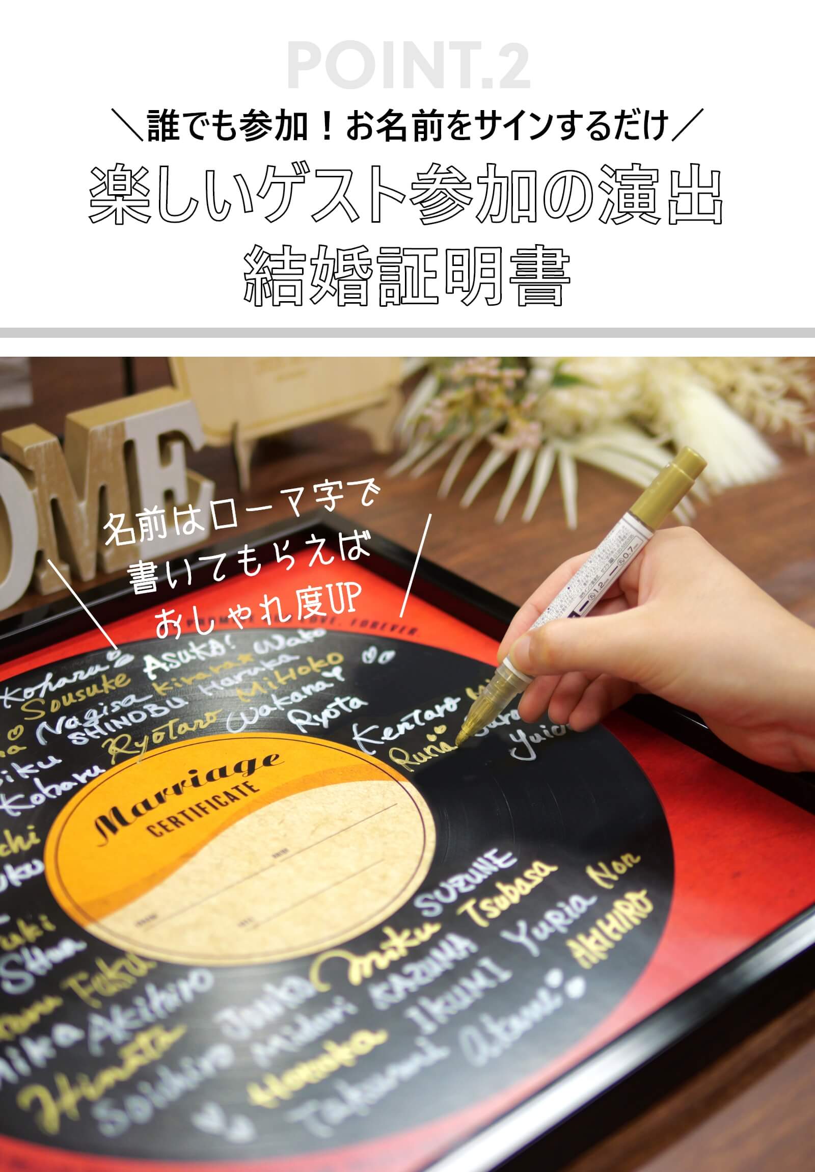 LPレコードイラストにゲストサインしてもらい完成する結婚証明書