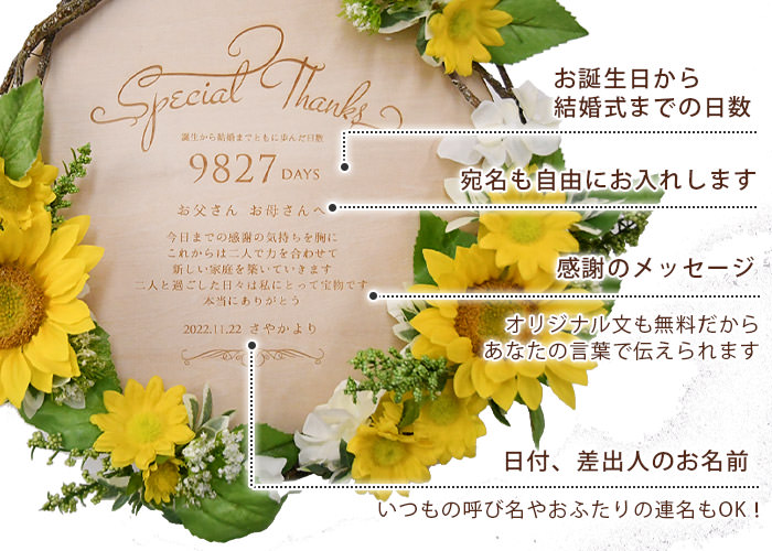 誕生から結婚までの日数と感謝のメッセージ入り