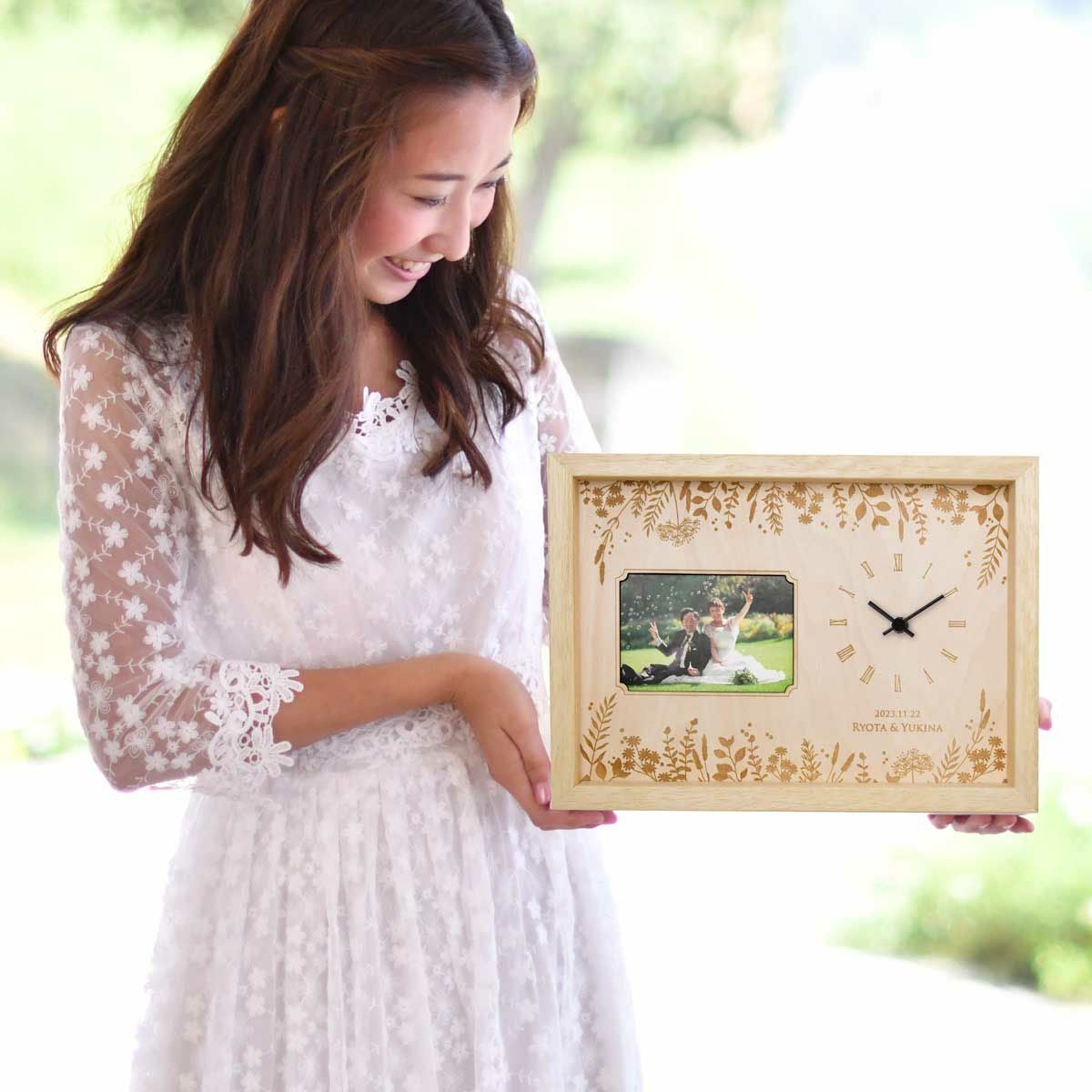 フォトフレーム付き木製時計