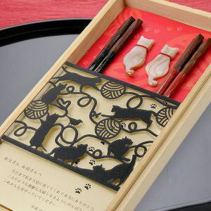 夫婦箸＆猫箸置きセット/結婚祝い 両親ギフト 「カットデザイン猫