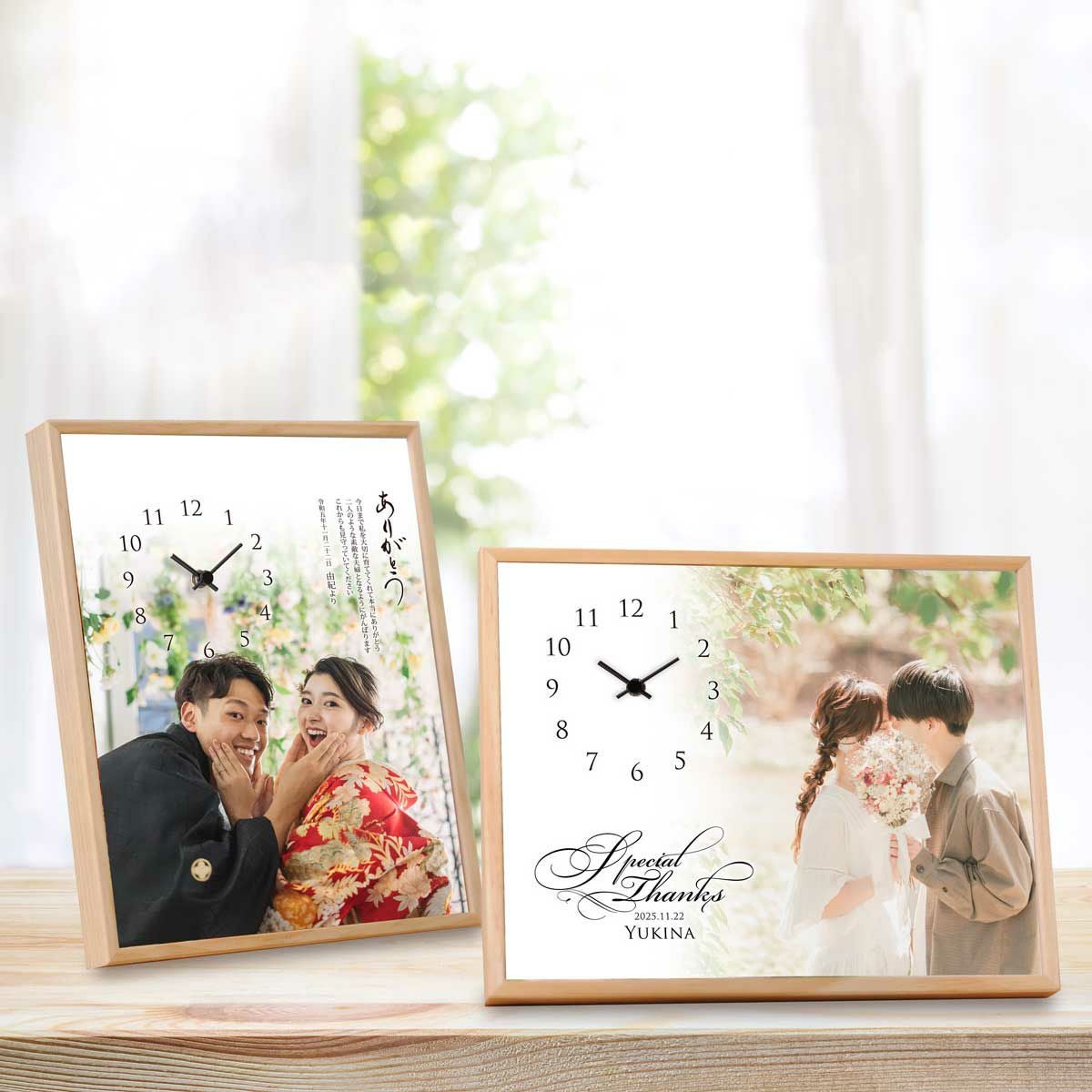 お写真を全面プリントしたメッセージ入りのカスタム写真時計