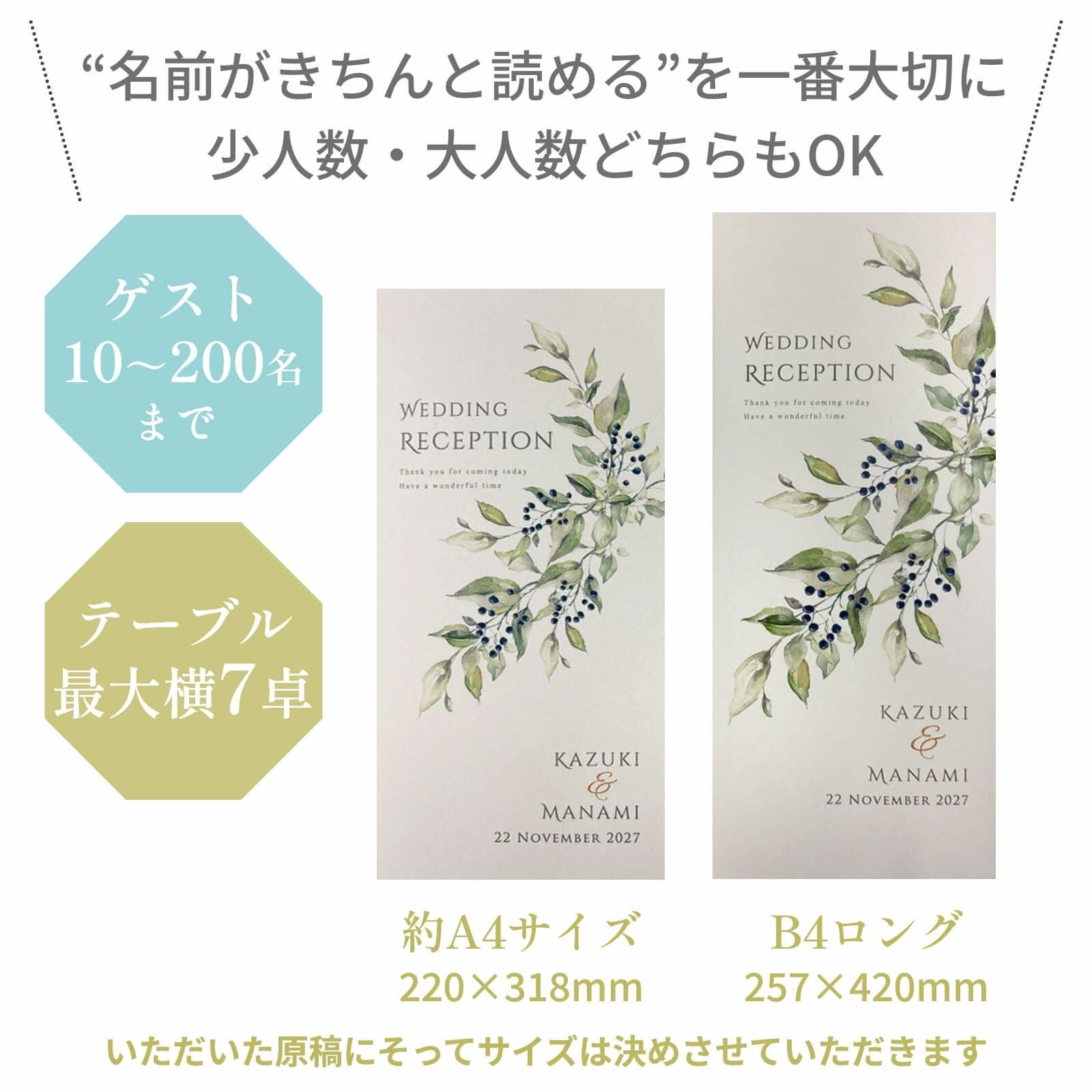 名前がきちんと読めるを一番大切に少人数・大人数どちらもOKの席次表