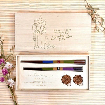 華奢な線画イラスト入り桐箱の結婚祝いお箸ギフト