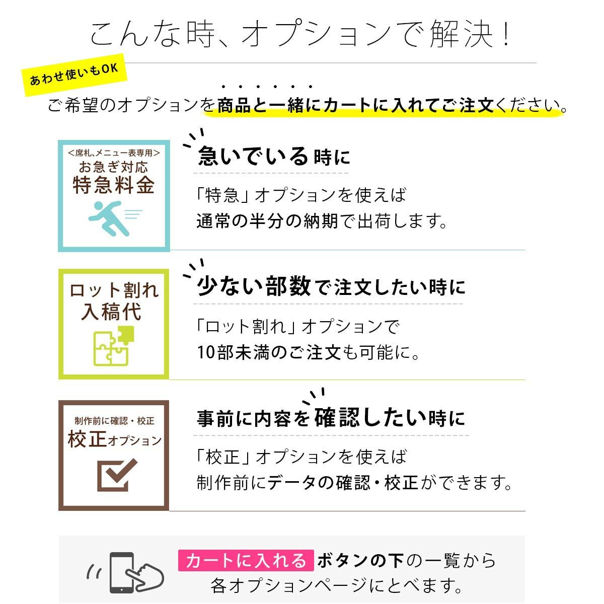 あわせて注文できるオプション（特急対応、ロット割れ、校正）