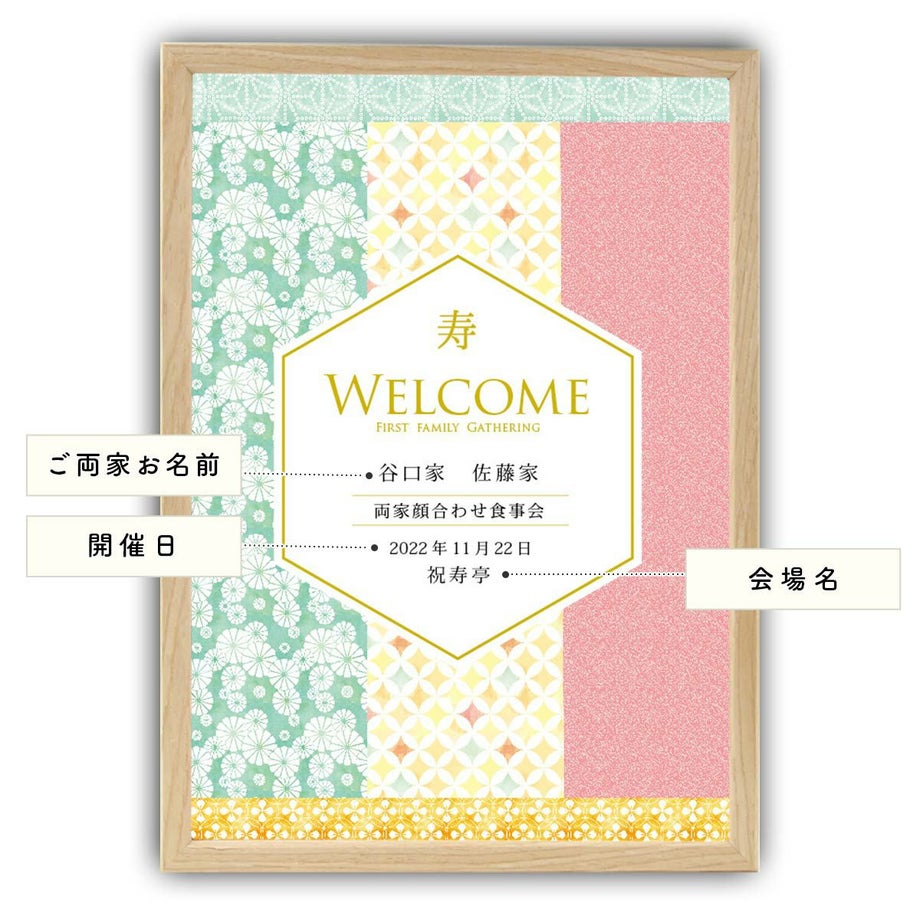 料亭やホテルなどの顔合わせ食事会にぴったりな可愛らしい色使いの和柄デザインのウェルカムボード