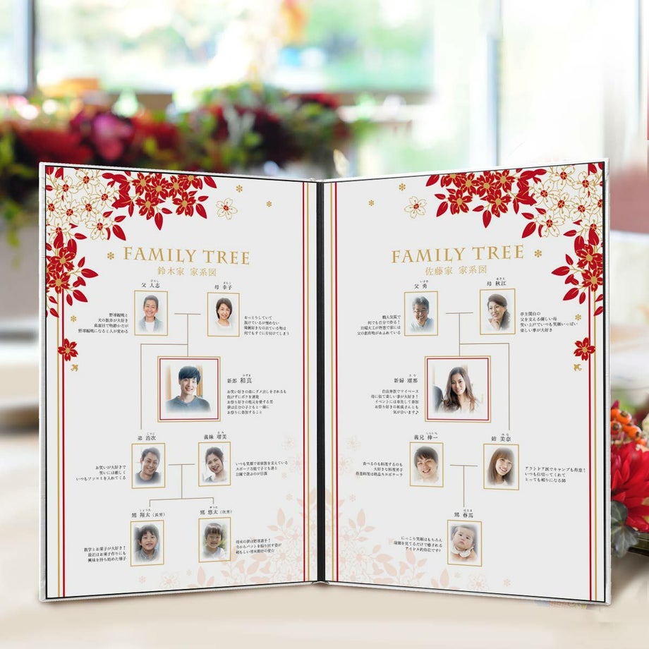 結婚式や両家顔合わせ食事会で贈る記念品。家族自己紹介に使えるブック仕立ての家系図アイテム