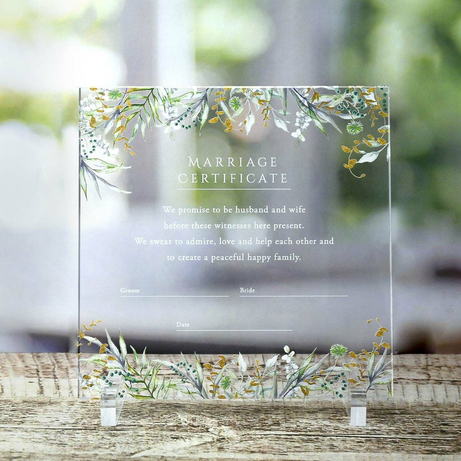 アクリルにナチュラルなリーフデザインをちりばめたおしゃれな結婚証明書