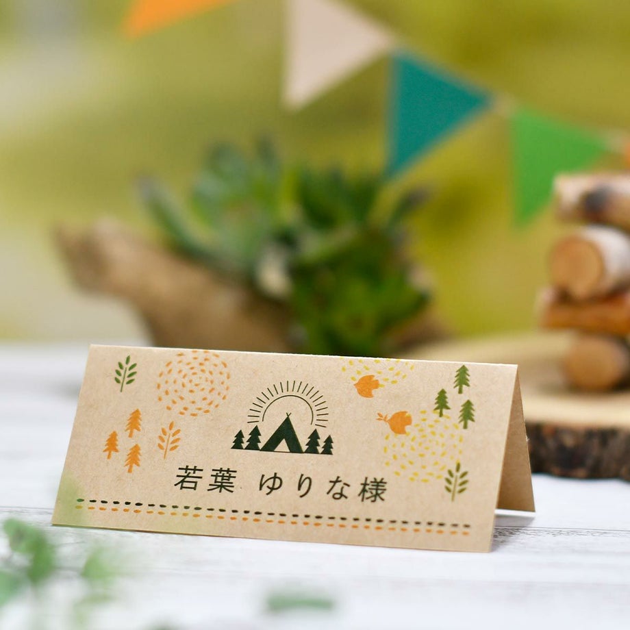 クラフト紙に山や木、鳥にテントなどアウトドアにまつわるイラストデザインをほどこした席札