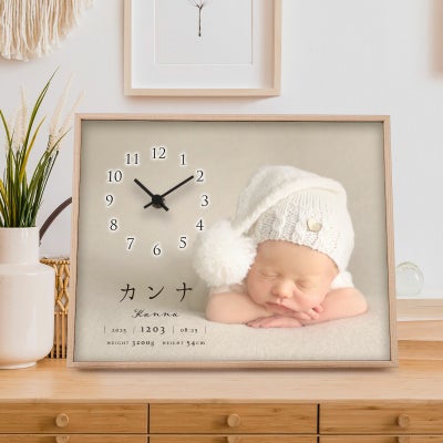 出産内祝いにじいじばあばに贈る写真入り時計付き命名書