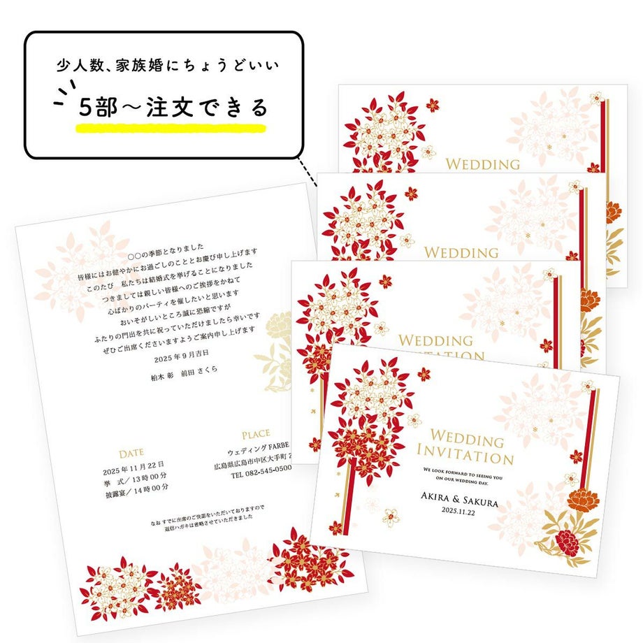 5部入り1セットになった少人数婚にちょうどいい招待状セット