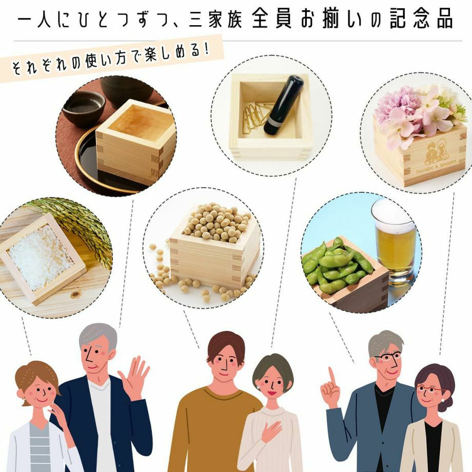 一人にひとつずつ三家族、全員お揃いの顔合わせ会結ギフトの枡