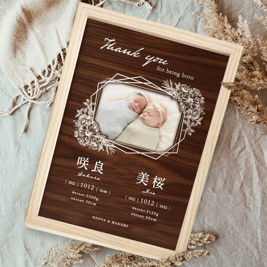 双子の赤ちゃんの誕生にとっておきの記念品！気軽に写真を入替えできるフォトフレームタイプの命名ボード