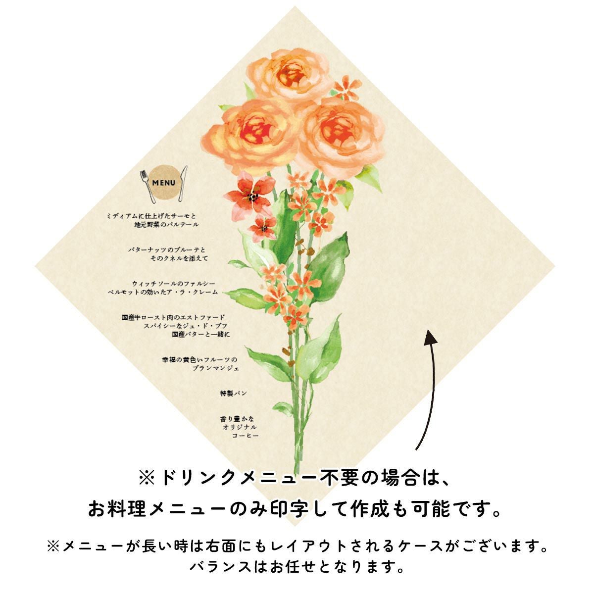 ※ドリンクメニュー不要の場合は、お料理メニューのみ印字して作成も可能です。