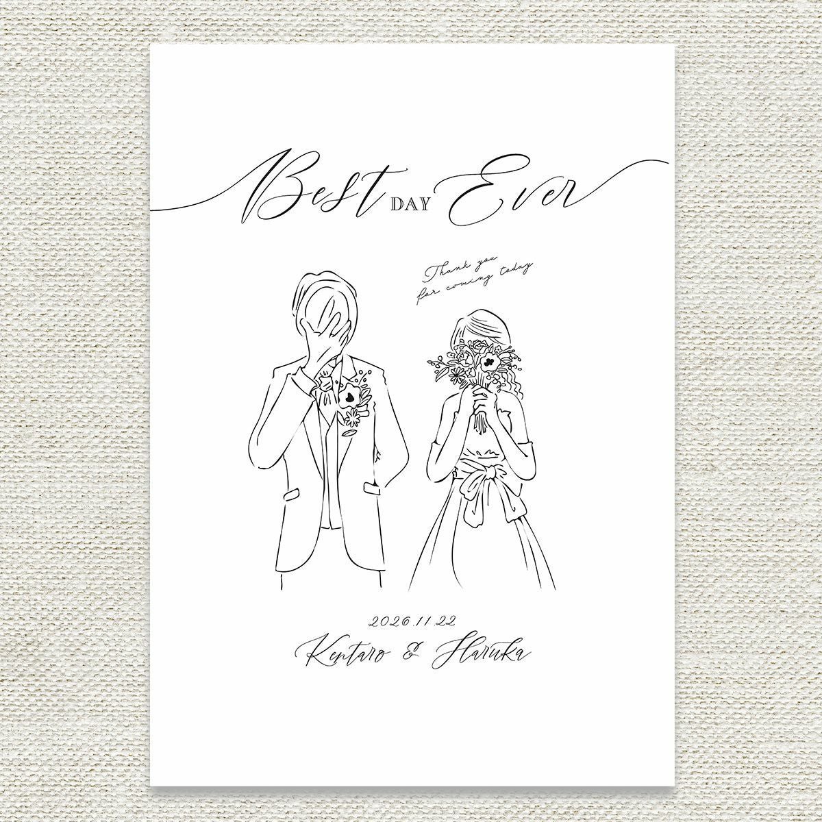 おしゃれな線画デザインの新郎新婦のイラストウェルカムボード