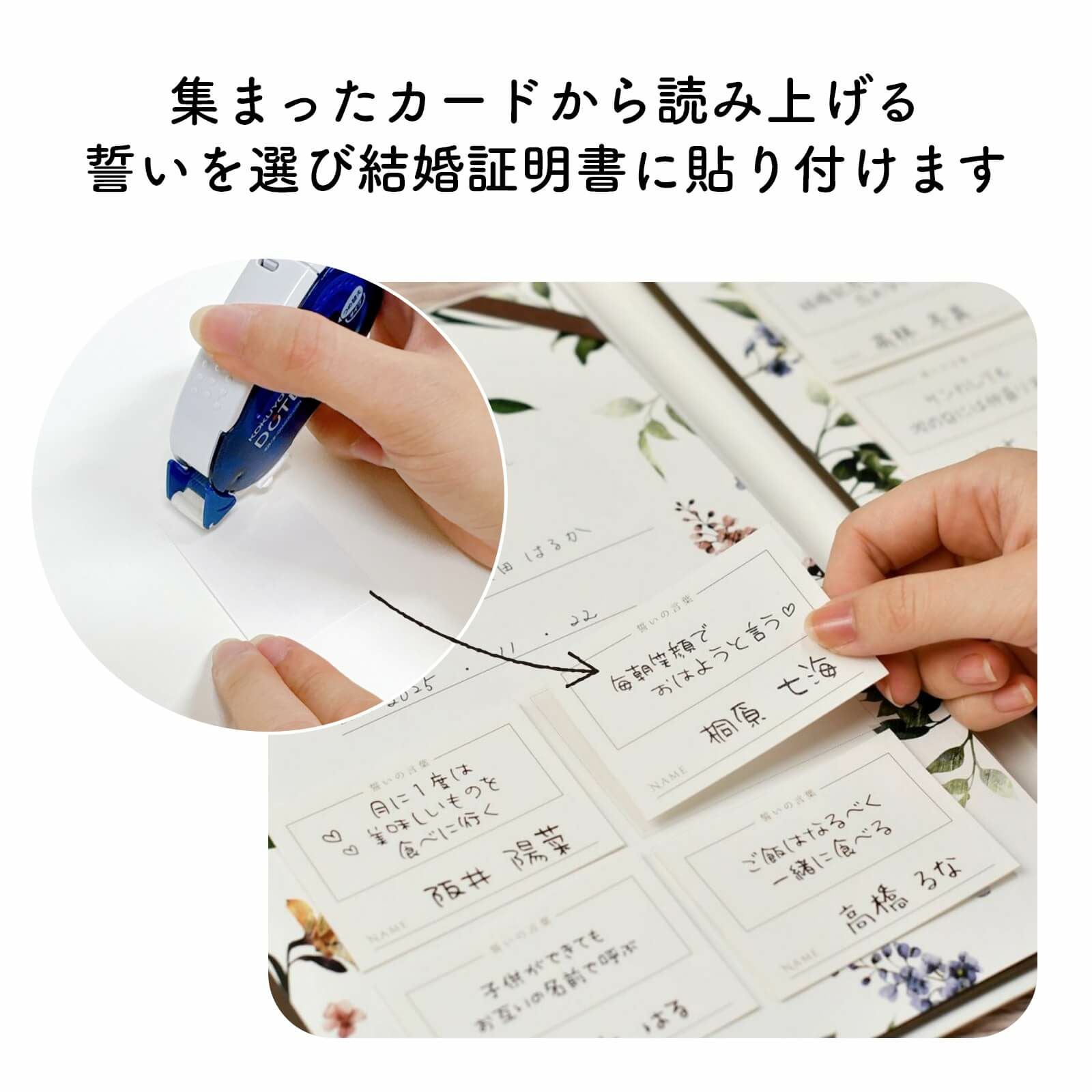 集まったカードから読み上げる誓いを選び結婚証明書に貼り付けます