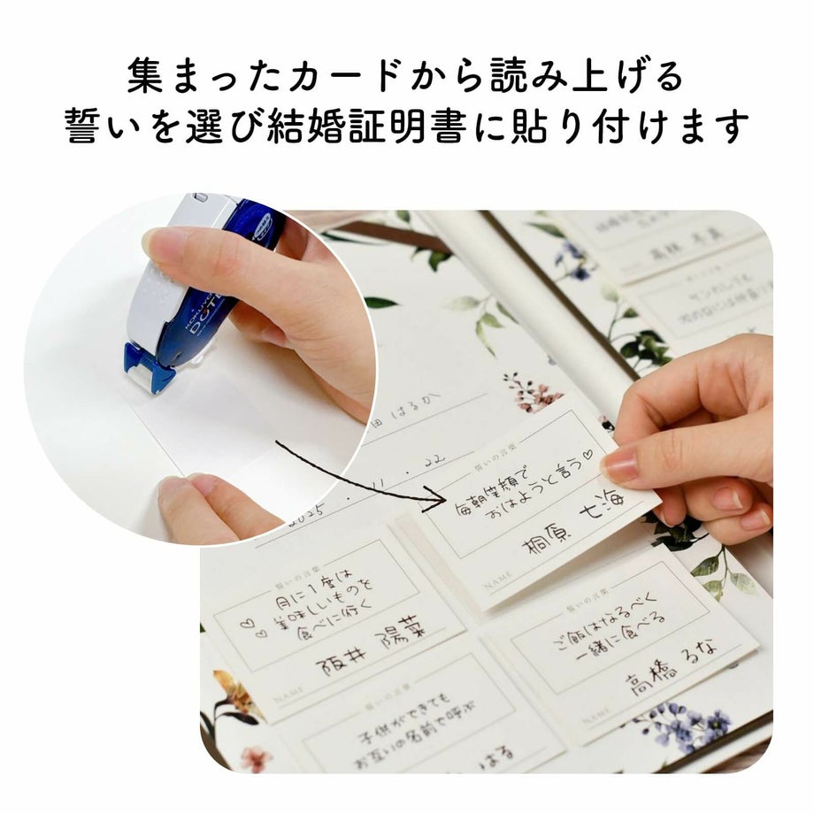 集まったカードから読み上げる誓いを選び結婚証明書に貼り付けます