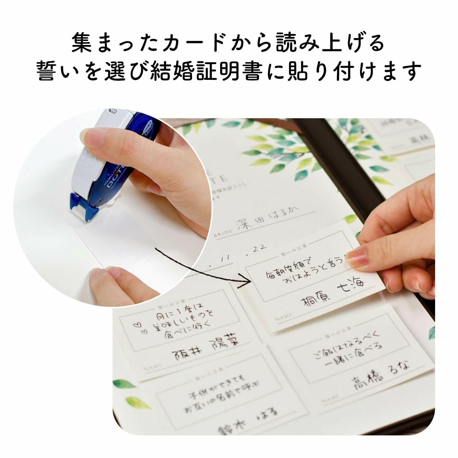 集まったカードから読み上げる誓いを選び結婚証明書に貼り付けます