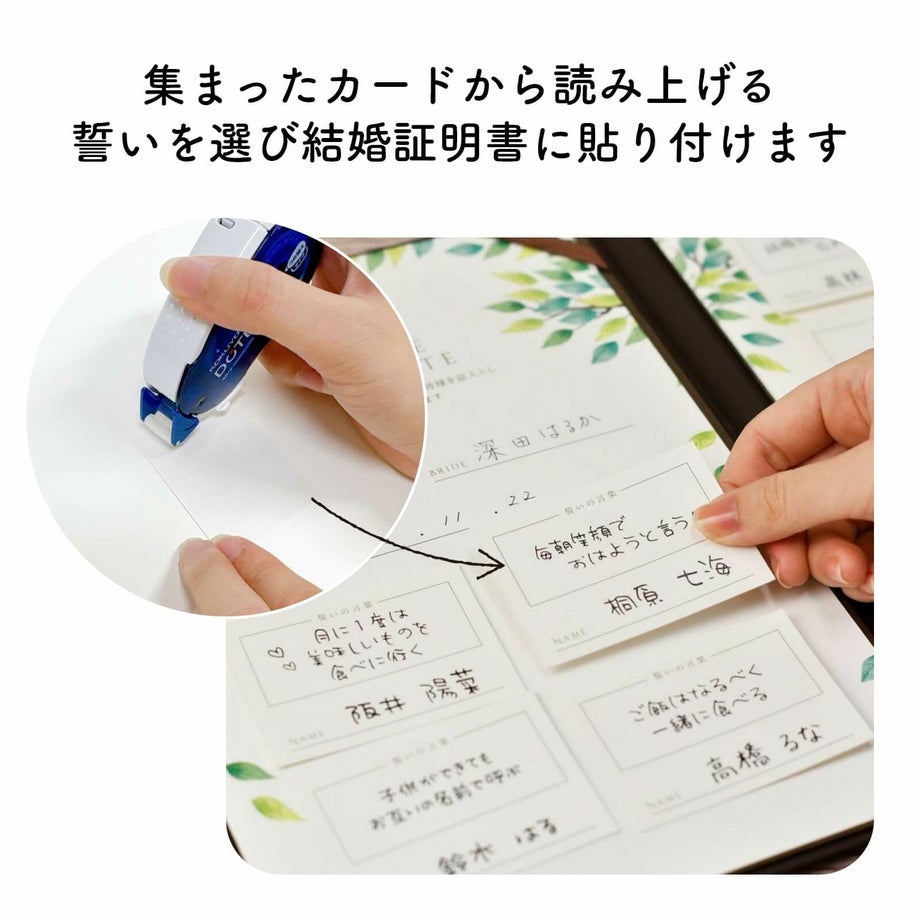 集まったカードから読み上げる誓いを選び結婚証明書に貼り付けます