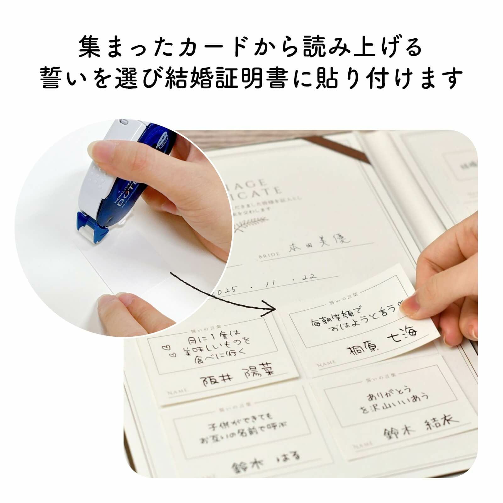 集まったカードから読み上げる誓いを選び結婚証明書に貼り付けます