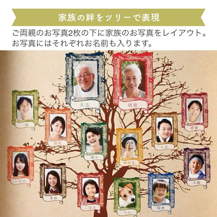 結婚50周年を迎えたお二人を大きくレイアウトしたファミリーツリー／家系図