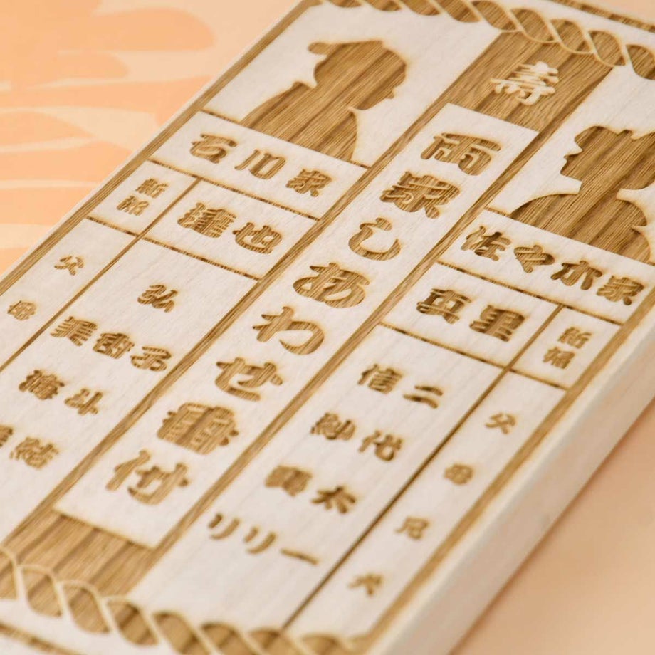 桐箱には大相撲の力士の番付表に見立てた“両家番付”を細部までこだわってレーザー彫刻