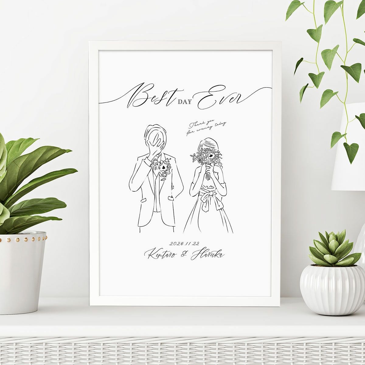 線画ウェルカムボードフレーム付「ウェディング」（A3サイズ） ｜結婚