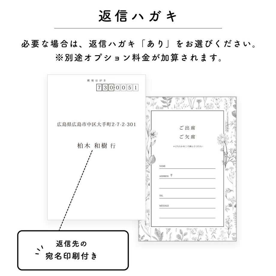 返信ハガキが必要な場合は別途オプションで対応可能
