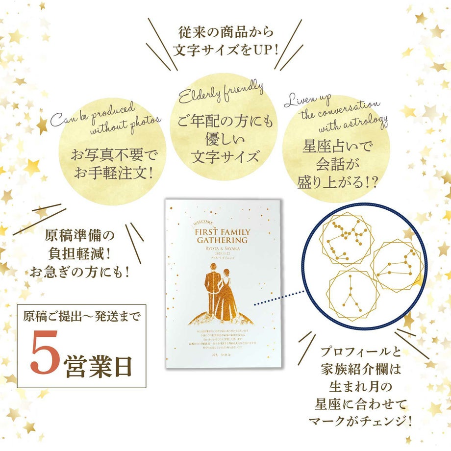 ご提出から発送まで5営業日で対応！原稿準備の負担軽減＆お急ぎの方にも！顔合わせ会しおり