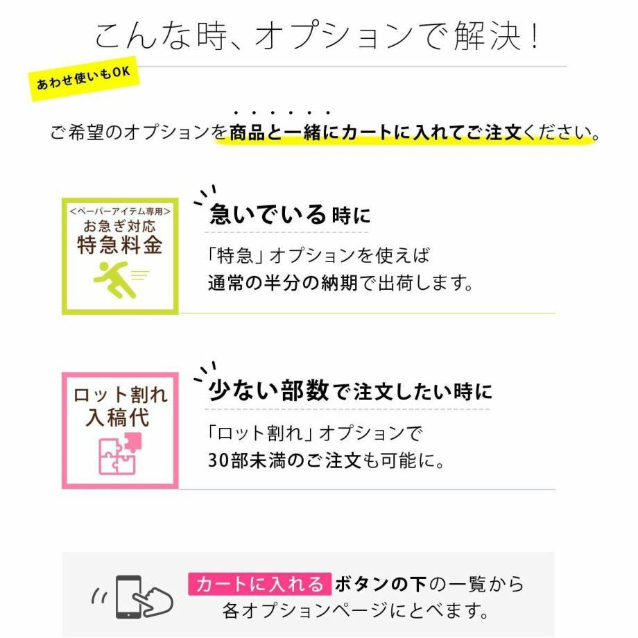 お急ぎの場合、少ない部数でご注文したい時はオプションで解決