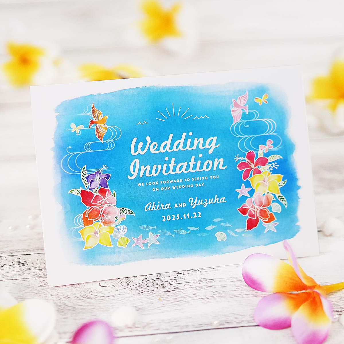 リゾートウェディング・夏婚・リゾ婚にぴったり！青い海と琉球紅型風デザインの少人数家族のみ結婚式専用招待状