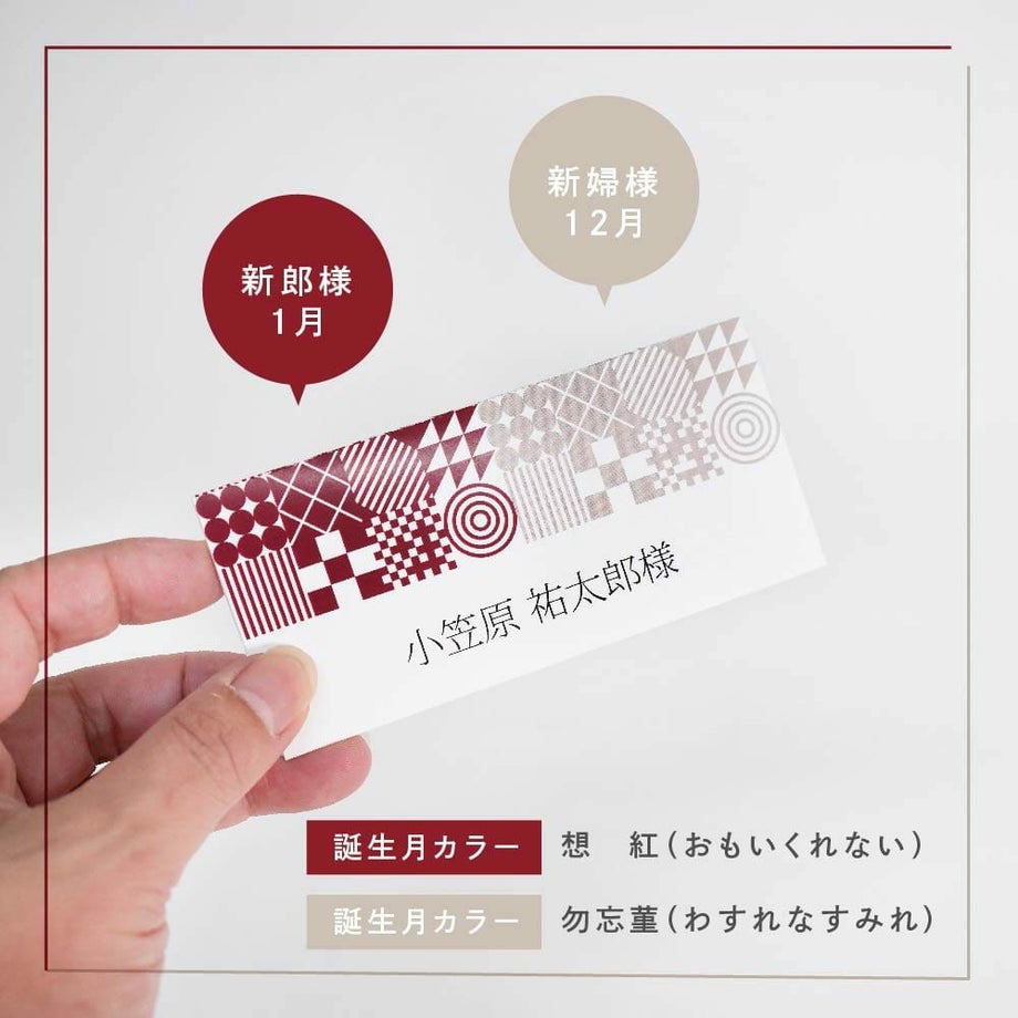 新郎新婦の誕生色を掛け合わせた結婚式の席札