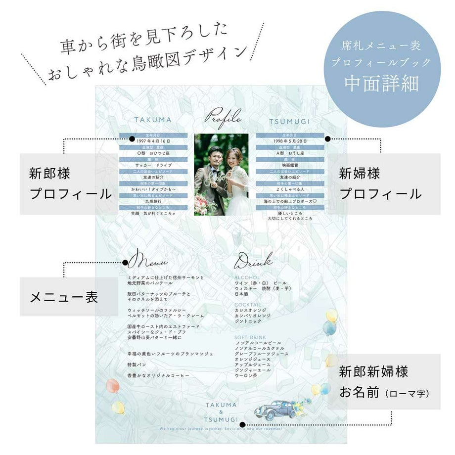 車から街を見下ろしたおしゃれな鳥瞰図デザイン席札メニュー表プロフィールブック中面詳細