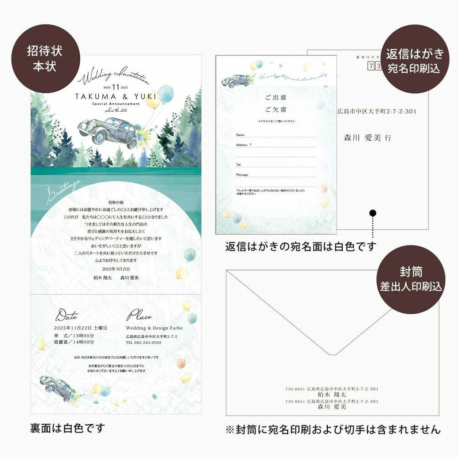 招待状本状、返信ハガキ（宛名印刷込）、封筒の説明展開図