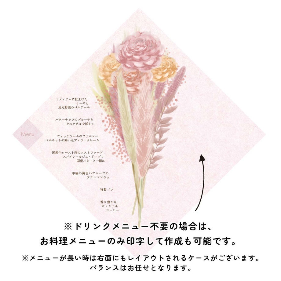 ※ドリンクメニュー不要の場合は、お料理メニューのみ印字して作成も可能です。