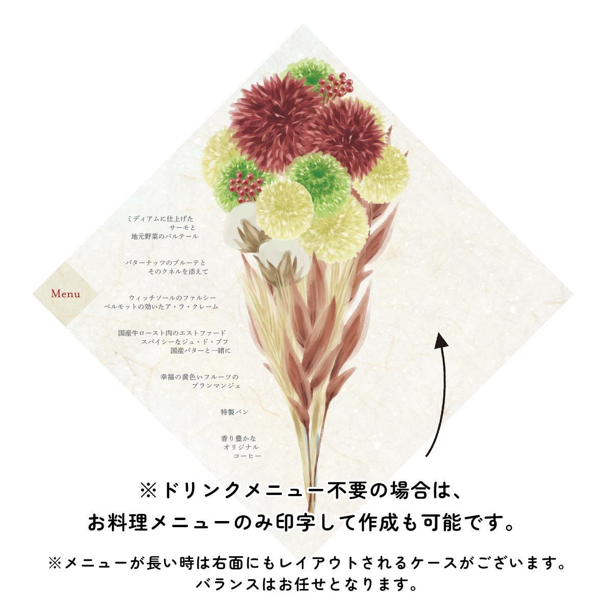 ドリンクメニュー不要の場合は、お料理メニューのみ印字して作成も可能です。