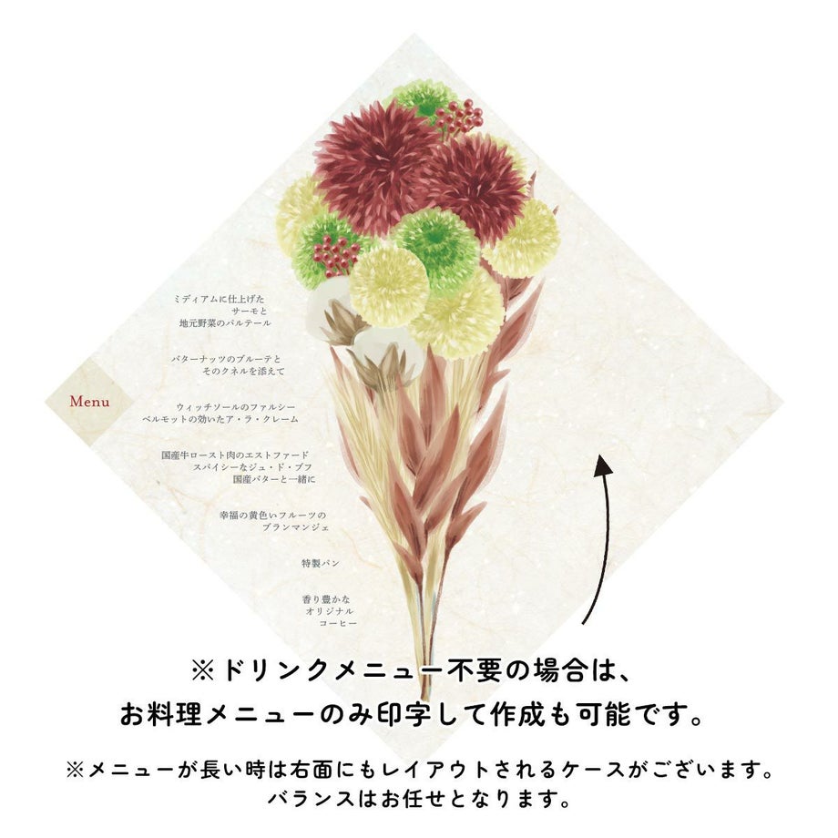 ドリンクメニュー不要の場合は、お料理メニューのみ印字して作成も可能です。