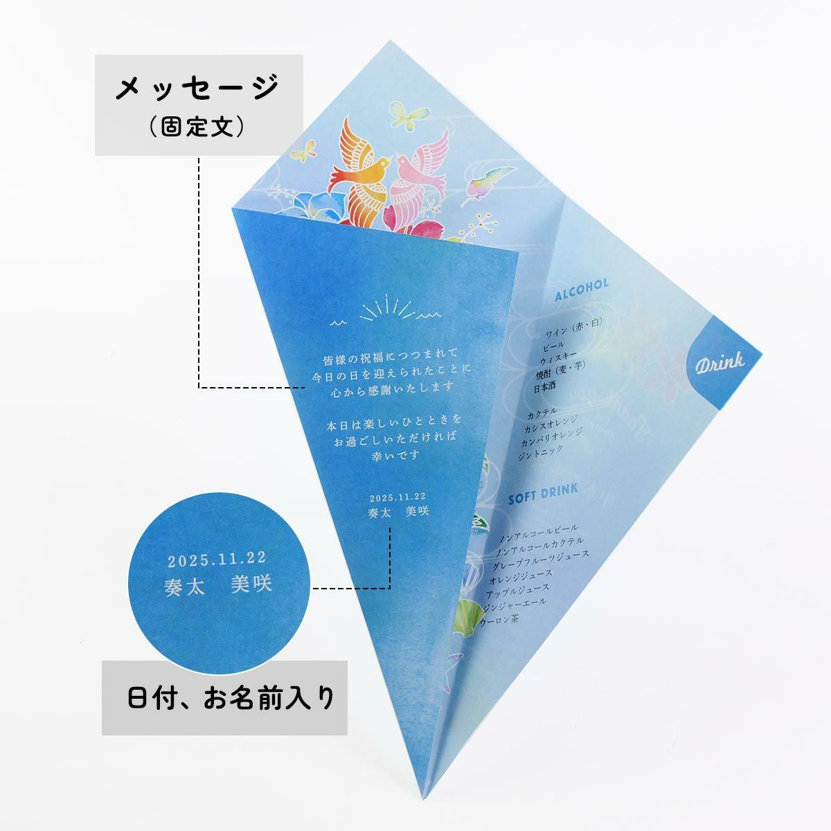 席札メニュー表の右側を開けばお二人からの感謝のメッセージが現れる