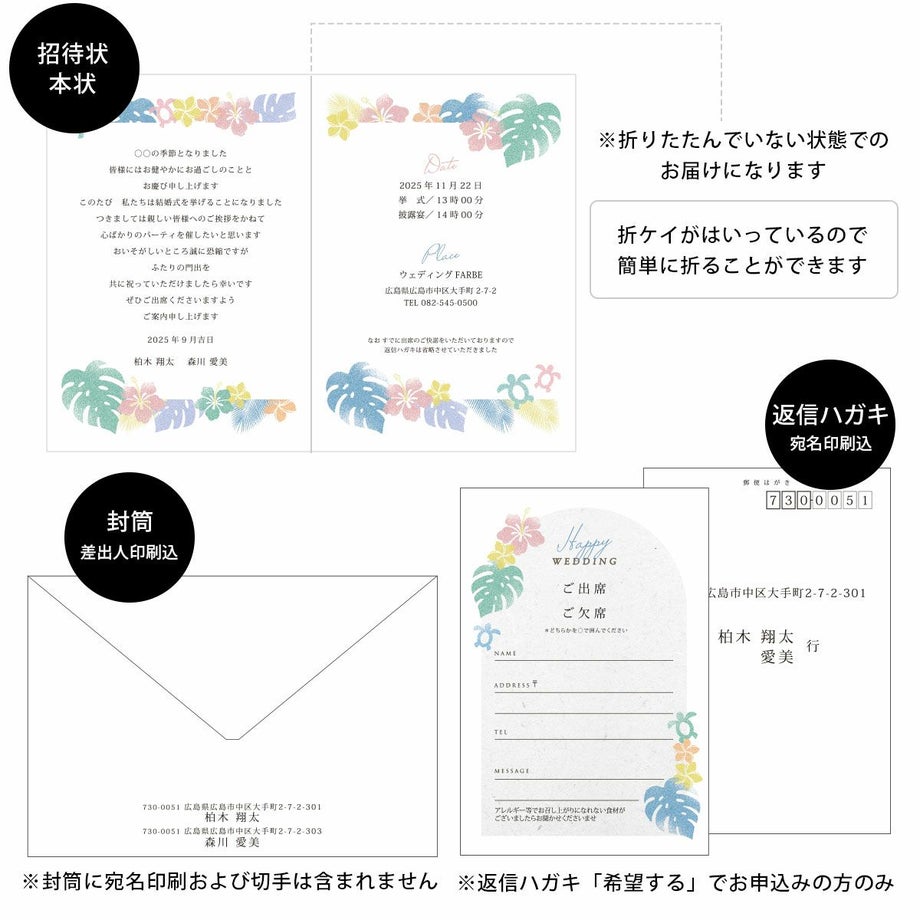 招待状本状、封筒（差出人印刷込）、返信ハガキ（宛名印刷込／希望するでお申込みの方のみ）をお届けします