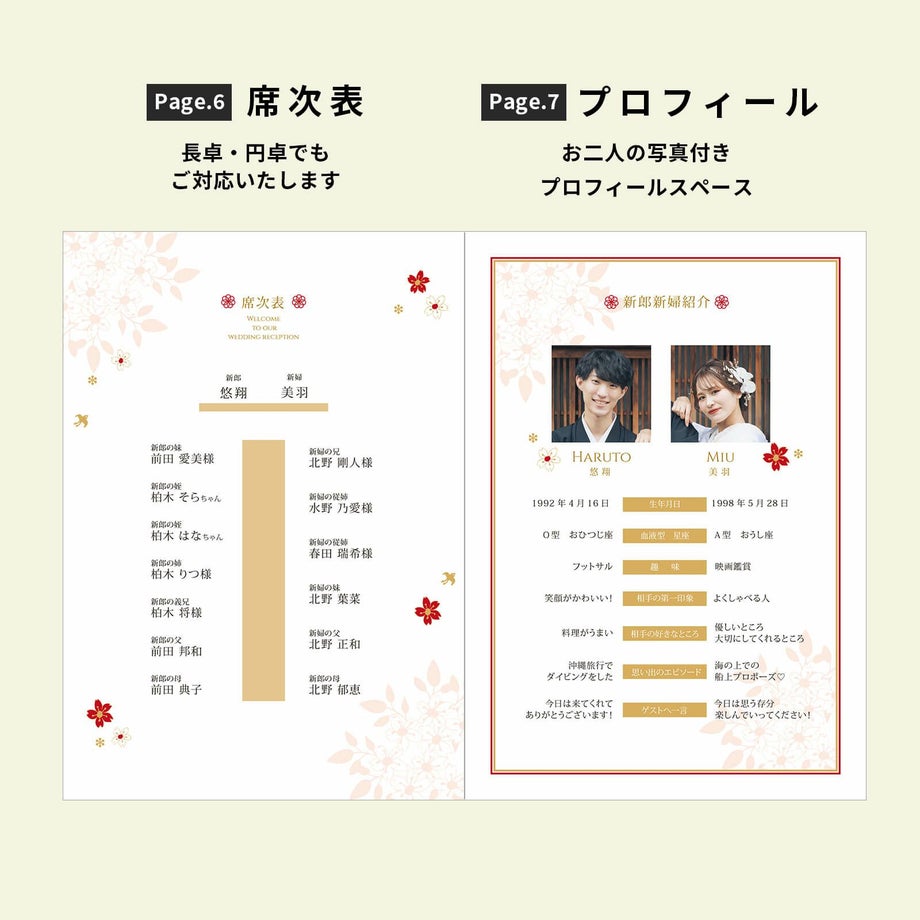 プロフィールブック席次表・新郎新婦のプロフィールページ