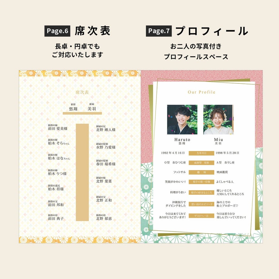 プロフィールブック席次表・新郎新婦のプロフィールページ