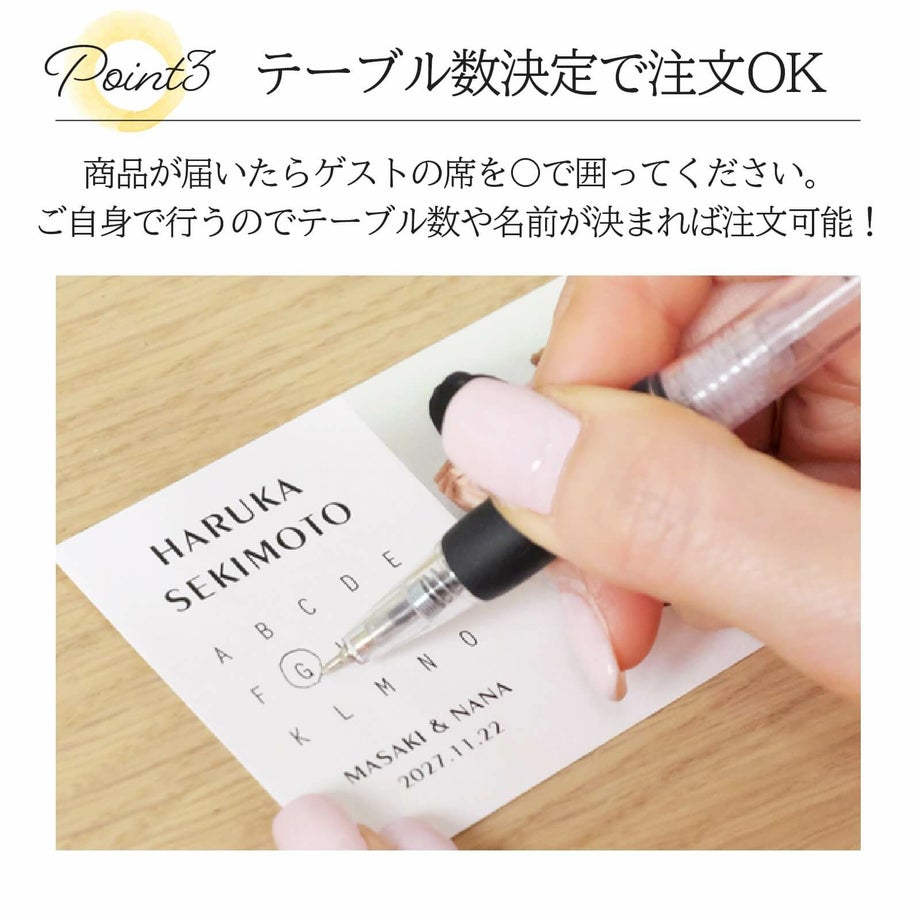 ご自身でゲストの席を〇で囲うのでテーブル数や名前が決定すれば注文OKのテーブルNo入りエスコートカード