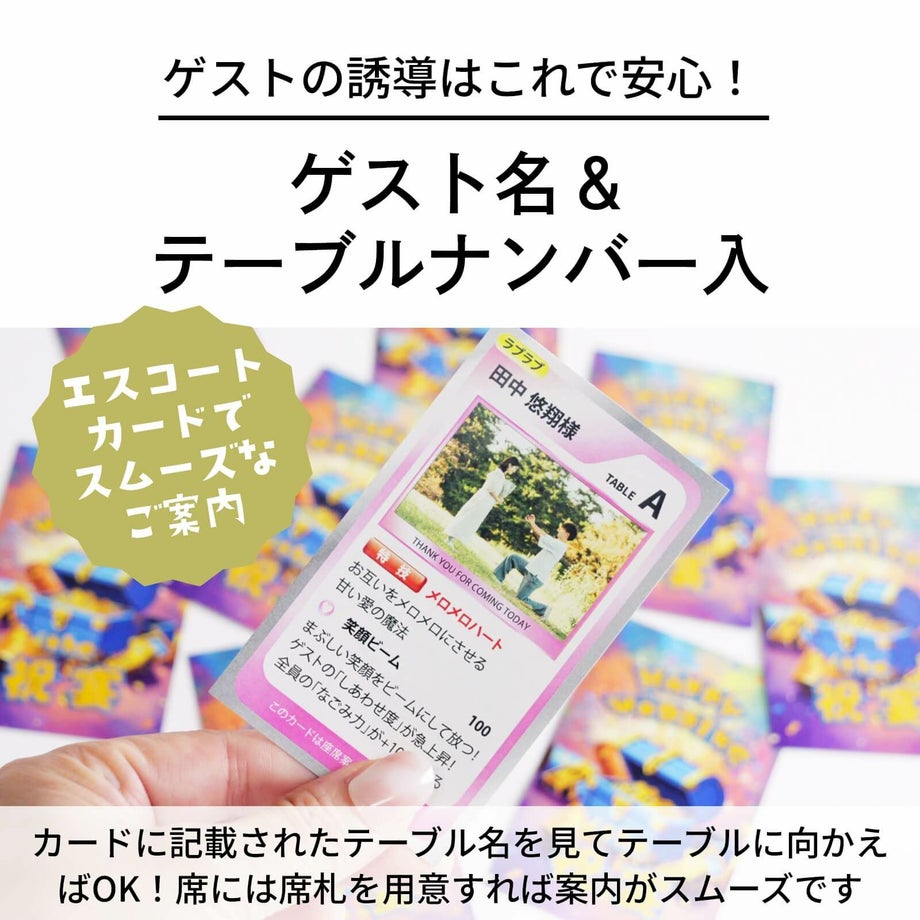 ゲスト名＆テーブルナンバー入りトレーディングカード風のエスコートカード