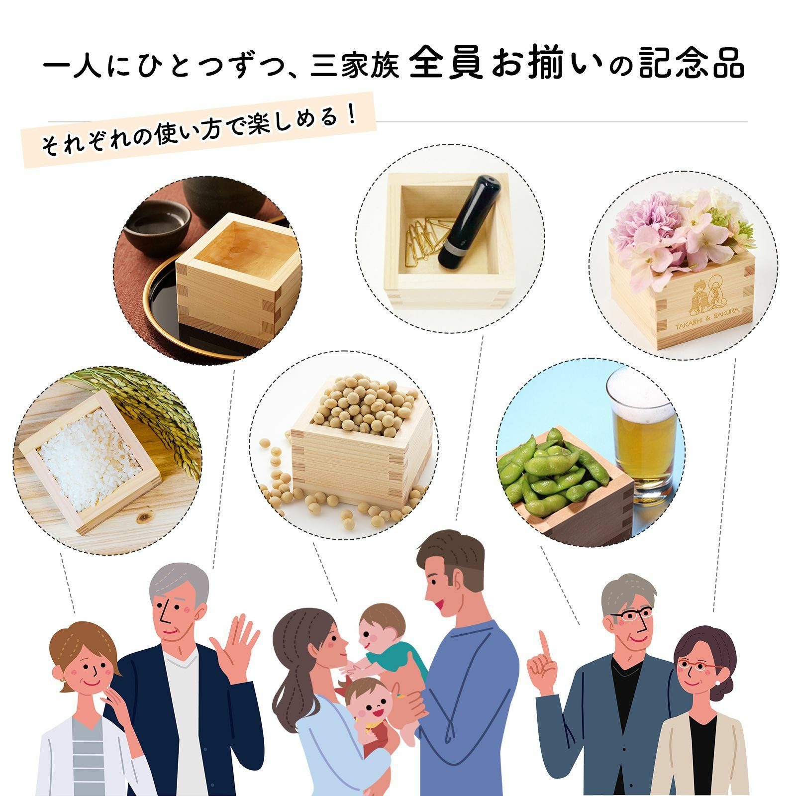 一人にひとつずつ三家族全員お揃いの記念品に