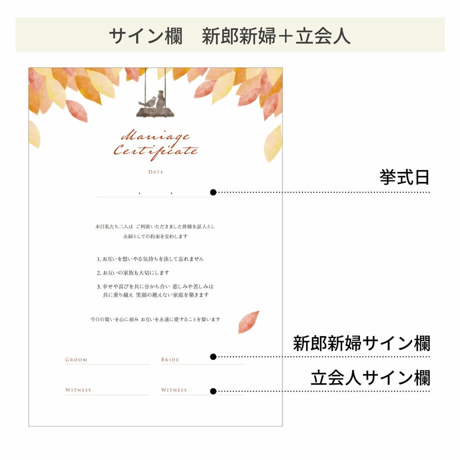 スタイルに合わせて選べるサイン欄新郎新婦＋立会人