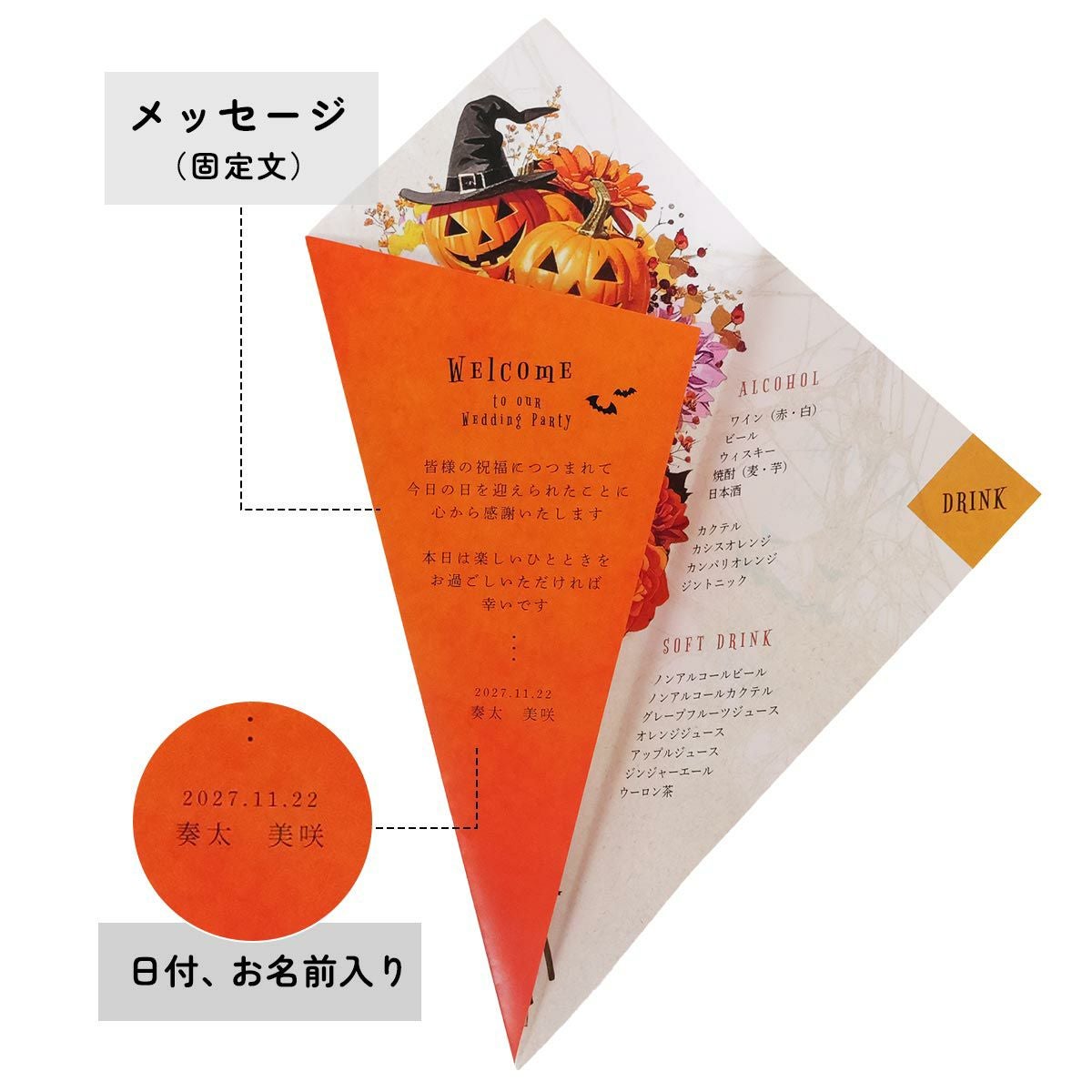 席札メニュー表の右側を開けばお二人からの感謝のメッセージが現れる